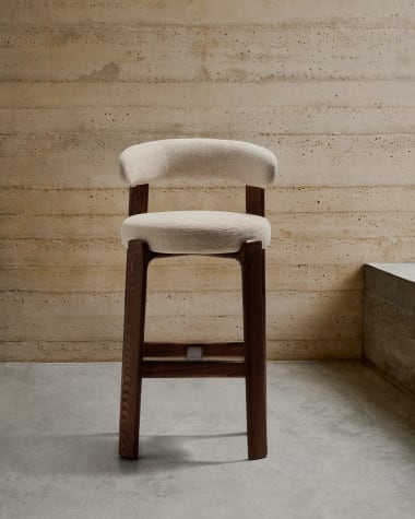 Granite stool in beige chenille and solid ash wood with walnut-coloured finish FSC 100% 75cm