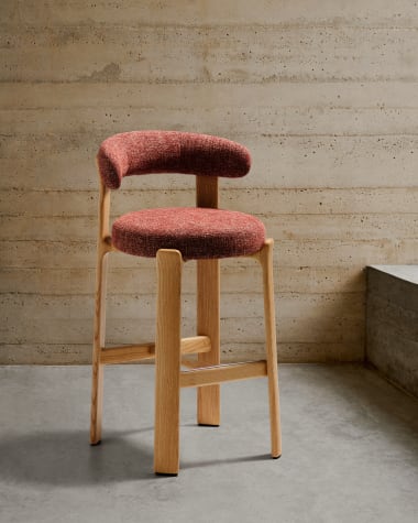 Granite stool in terracotta chenille and solid ash wood with natural tone finish FSC 100% 75cm