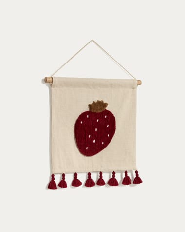 Tapiz mural Amarantha 100% algodón blanco con fresa roja y borlas rojo 40 x 40 cm