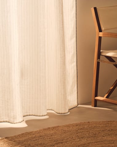 Cortina Adra de lino y algodón blanco de rayas con bordado 140 x 270 cm
