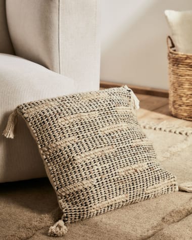 Esfero cushion cover with tassels in beige cotton & wool, 45 x 45 cm