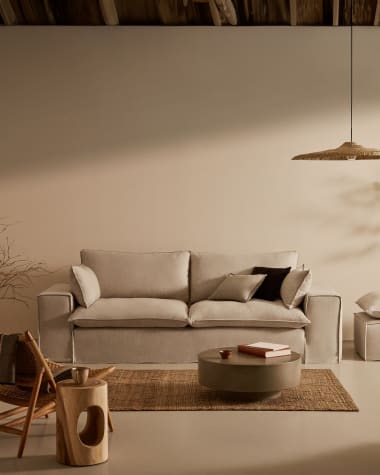 Sofá desenfundable Anarela 3 plazas con cojines de lino beige 280 cm