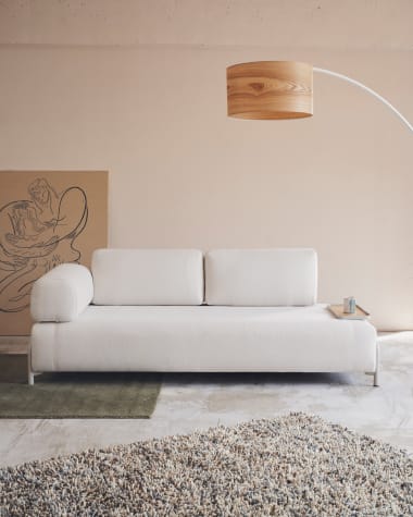 Sofa 3-osobowa Compo z beżowym szenilem i okleiną dębową, z małą tacą, z szarą metalową strukturą 232 cm