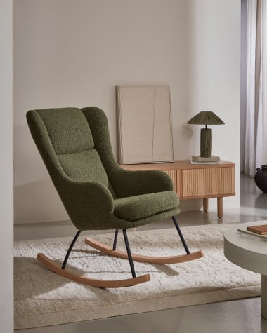 Maustin rocking chair in green bouclé with a dark green steel structure and beech wood