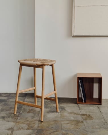 Enit stool made of beige paper cord and solid oak wood with natural finish, 65cm FSC Mix C