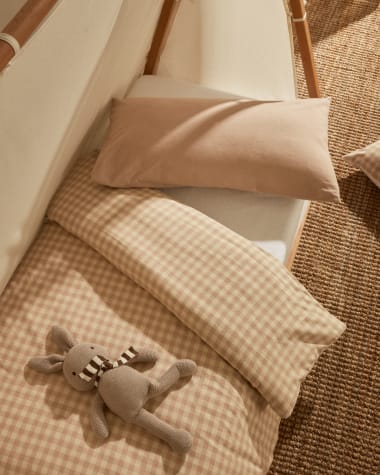 Set Yanil fundas nórdica, almohada, bajera 100% algodón cuadros rosa y beige cama 90 cm