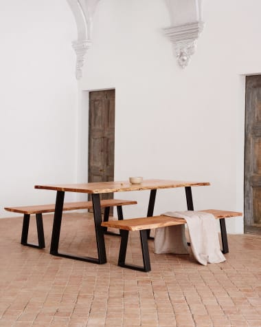 Mesa Alaia de madeira maciça de acácia e pernas de aço preto 220 x 100 cm