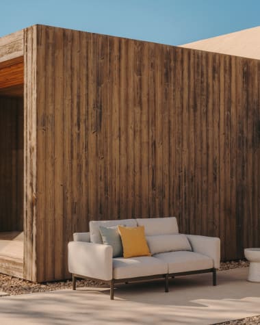 Modulares 2-Sitzer-Sofa für den Außenbereich Sorells mit beigefarbenem Bezug und grünem Aluminium 171 cm