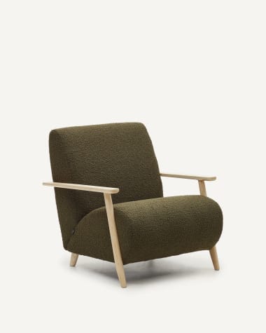Meghan fauteuil van groen fleece met massief essenhouten poten in natuurlijke afwerking