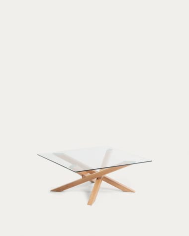 Τραπέζι σαλονιού Kamido 90x90εκ, γυάλινη επιφάνεια, μεταλλικά πόδια με όψη ξύλου