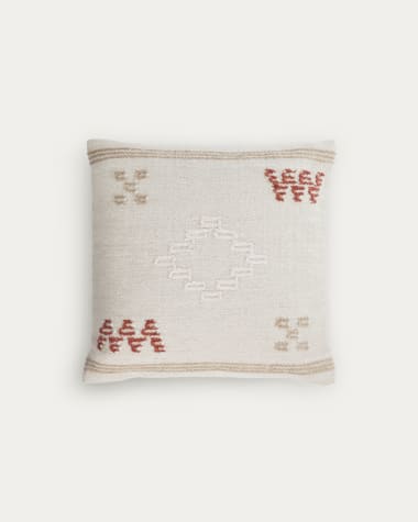 Fodera cuscino Bibiana in lana e cotone beige con stampa imarrone e terracotta 45 x 45 cm