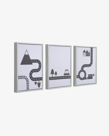 Nisi Set aus 3 Bildern aus Holz weiß mit Autos schwarz