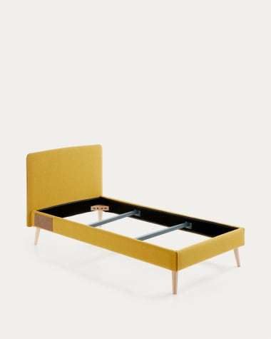 Dyla bed with removable cover in mustard, with solid beech wood legs for a 90 x 190 cm mattress