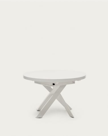 Vashti uitschuifbare ronde tafel van glas en MDF met wit stalen poten, Ø 120(160) x 120 cm