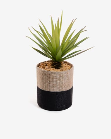 Planta artificial Palmera pequena com vaso de ráfia natural e preto 21 cm
