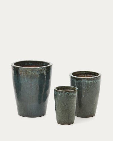 Ensemble Rotja de 3 pots de fleurs en terre cuite, finition bleue émaillée Ø 26 / 35 / 47