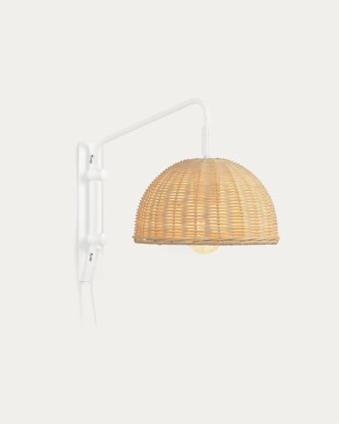 Damila wall light in metal with white finish and rattan with natural finish UK adapter
