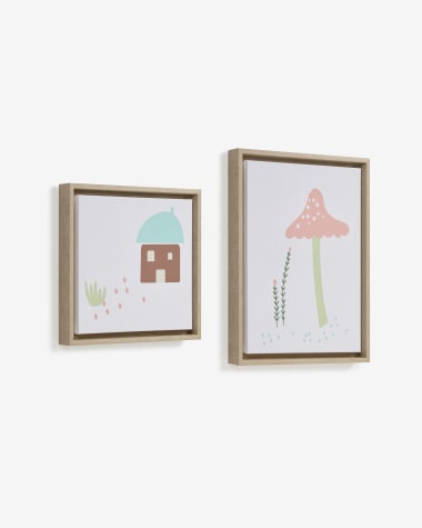 Set Leshy aus 2 Bildern blaues Haus und rosa Pilz 30 x 30 cm / 30 x 40 cm