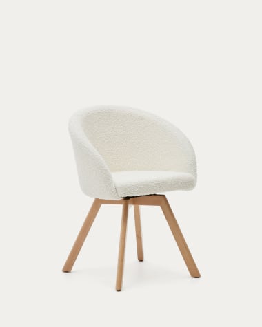 Marvin swivel chair in white bouclé with solid beech wood legs in a natural finish