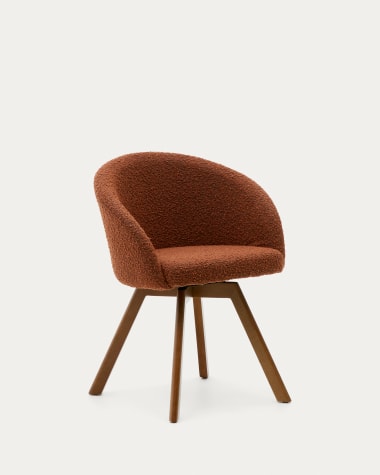 Marvin brown bouclé swivel chair with solid beech wood legs in a walnut finish