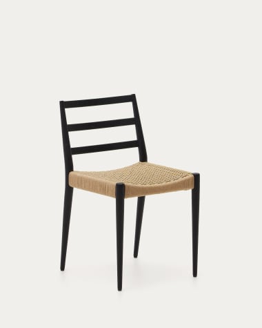 Cadeira Analy madeira maciça de carvalho FSC 100% acabamento preto e assento de corda