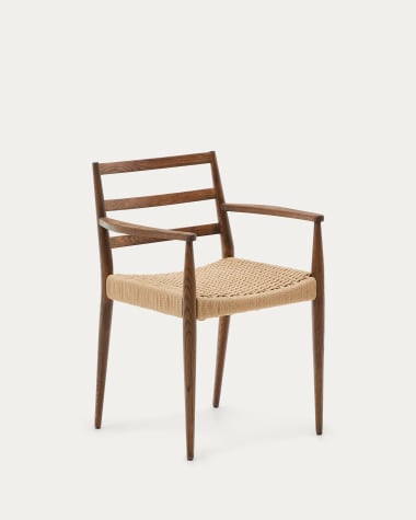 Krzesło Analy z podłokietnikami, z litego drewna dębowego, z orzechowym wykończeniem  i siedziskiem ze sznurka, 100% FSC