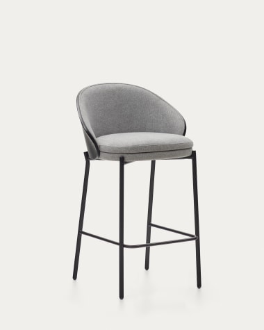 Eamy stool light grey chenilla and ash wood veneer with a black finish and black metal, 65 cm