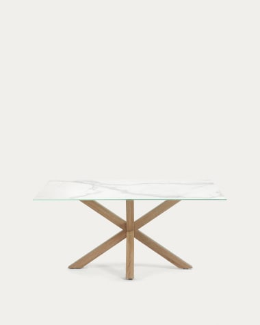 Tisch Argoaus weißem Kalos-Porzellan und Beinen aus Stahl in Holzoptik, 180 x 100 cm