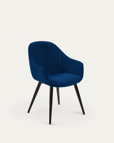 Fabia velvet chair in blue with steel legs in a black finish