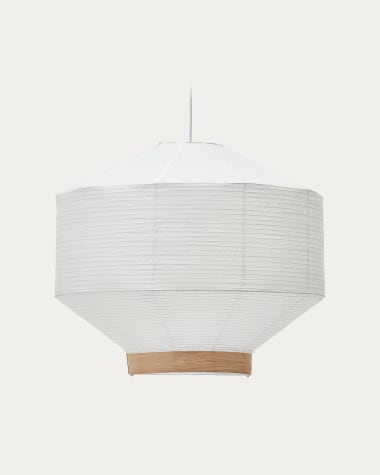 Abat-jour pour plafonnier Hila en papier blanc et placage en bois naturel Ø 80 cm