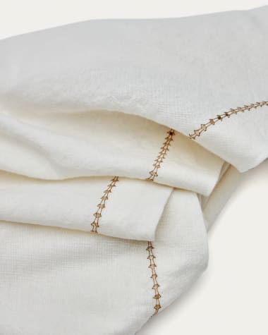 Tovaglia rotonda Malu in cotone e lino bianco con particolare ricamato beige Ø 150 cm