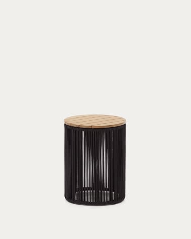 Tavolino Dandara in acciaio, corda nera e legno massiccio di acacia Ø40 cm FSC 100%
