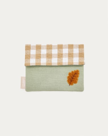 Pochette Yanil verte à carreaux vichy avec feuille brodée