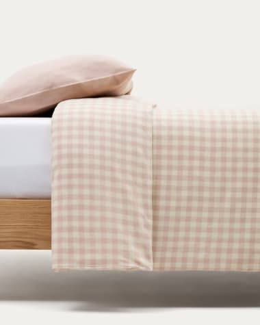 Set Yanil fundas nórdica, almohada, bajera 100% algodón cuadros rosa y beige cama 70 cm