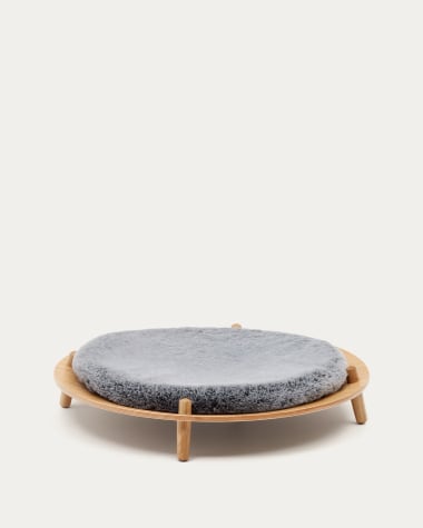 Łóżko dla zwierząt Bunola ze sklejki jesionowej z poduszką z szarego futerka Ø 70 cm