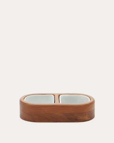 Arlo set of 2 food/water bowls with a wooden support, 38 x 20 cm
