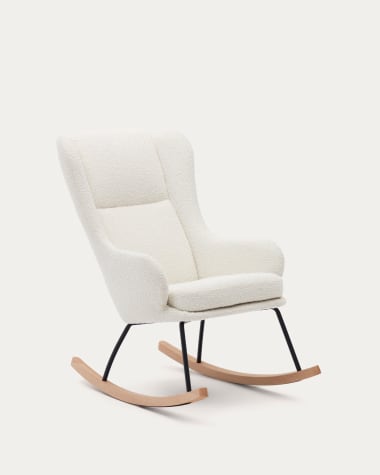 Cadeira de baloiço Maustin efeito cordeiro branco estrutura de aço preto e madeira de faia