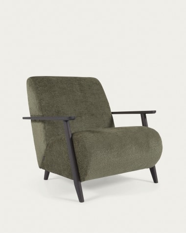 Meghan fauteuil in groene chenille en hout met wengé afwerking