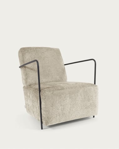 Gamer fauteuil in beige chenille en metaal met zwarte afwerking