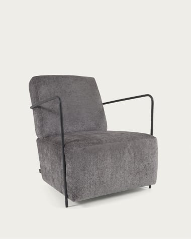 Gamer fauteuil in grijze chenille en metaal met zwarte afwerking