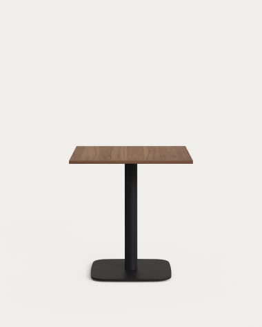 Dina table in walnut finish melamine with metal leg in a painted black finish, 70 x 70 x 7