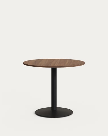 Ronde Esilda-tafel van noothout met melamine en zwart gelakte metalen poot Ø 90 x 70 cm