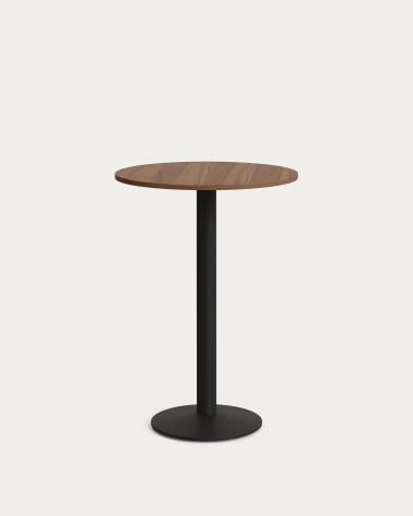 Ronde hoge Esilda-tafel van noothout met melamine en zwart gelakte metalen poot Ø 60 x 96 cm