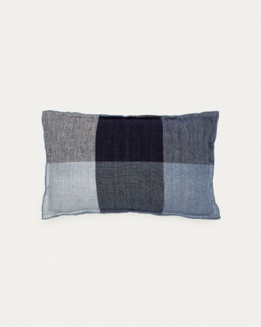 Calonge cushion cover, 100% linen with blue checkers, 30 x 50 cm