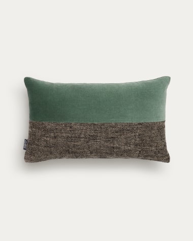 Mikayla linen and cotton printed cushion cover with black and green velvet 30 x 50cm