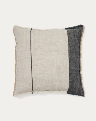 Seloia light grey cushion cover, 100% linen with stripes and fringes, 50 x 50 cm