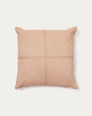 Federa cuscino Sulken in lino rosa con ricamo beige 45 x 45 cm