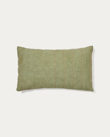 Federa cuscino Sayema in lino verde e ricamo in iuta naturale 30 x 50 cm