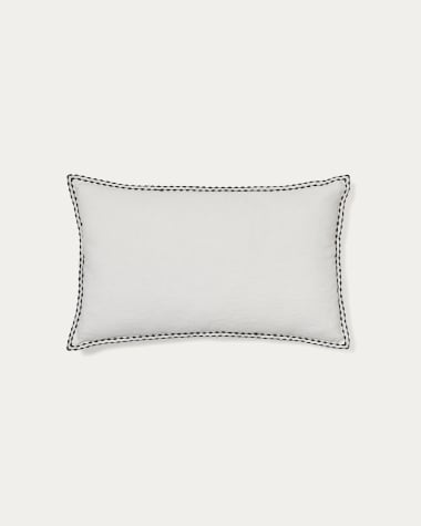 Sinet cushion cover in white linen and a beige embroidery feature, 30 x 50 cm