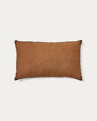 Satol cushion cover in brown cotton and a black embroidery feature, 50 x 30 cm